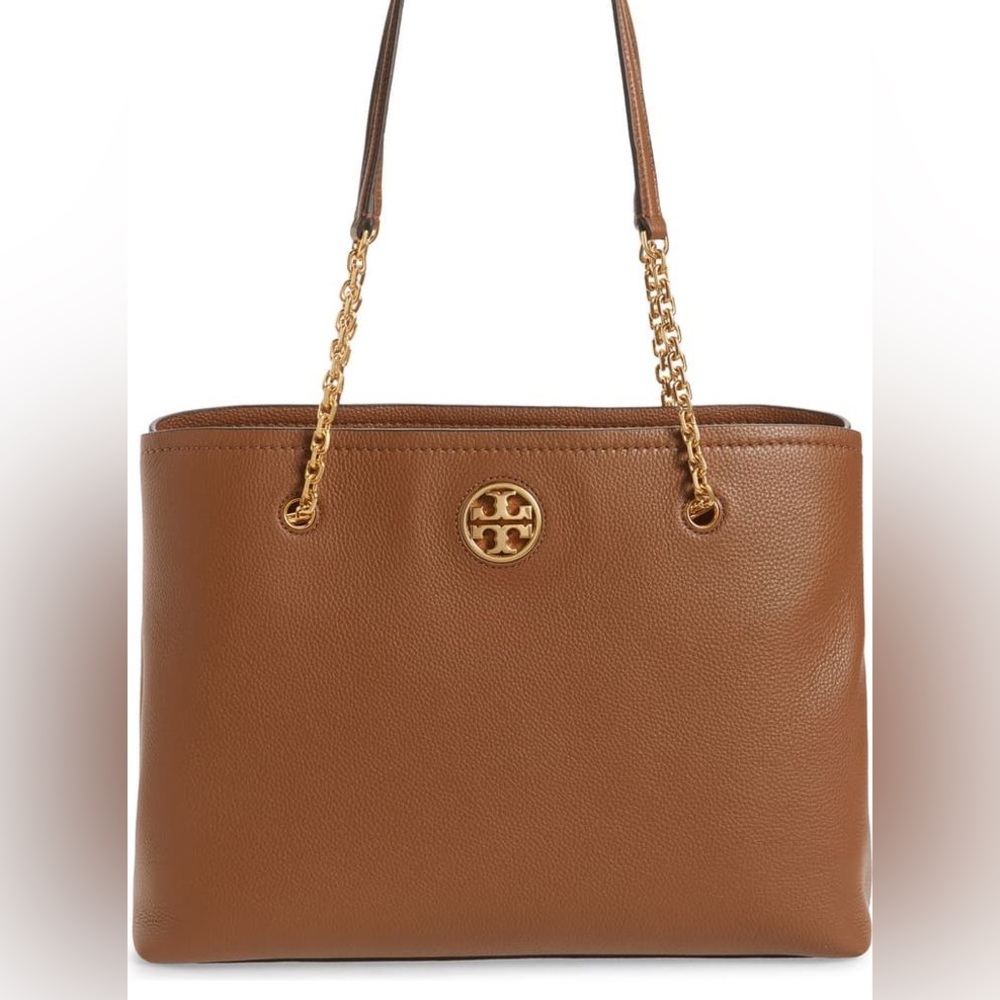 Tory Burch Cognac Pebbled Leather Tote with Gold Logo Chain